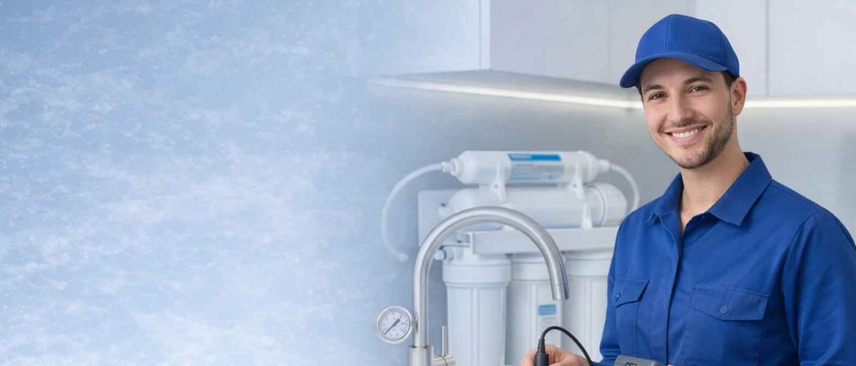 Water-treatment engineer beside a newly fitted under-sink filtration system